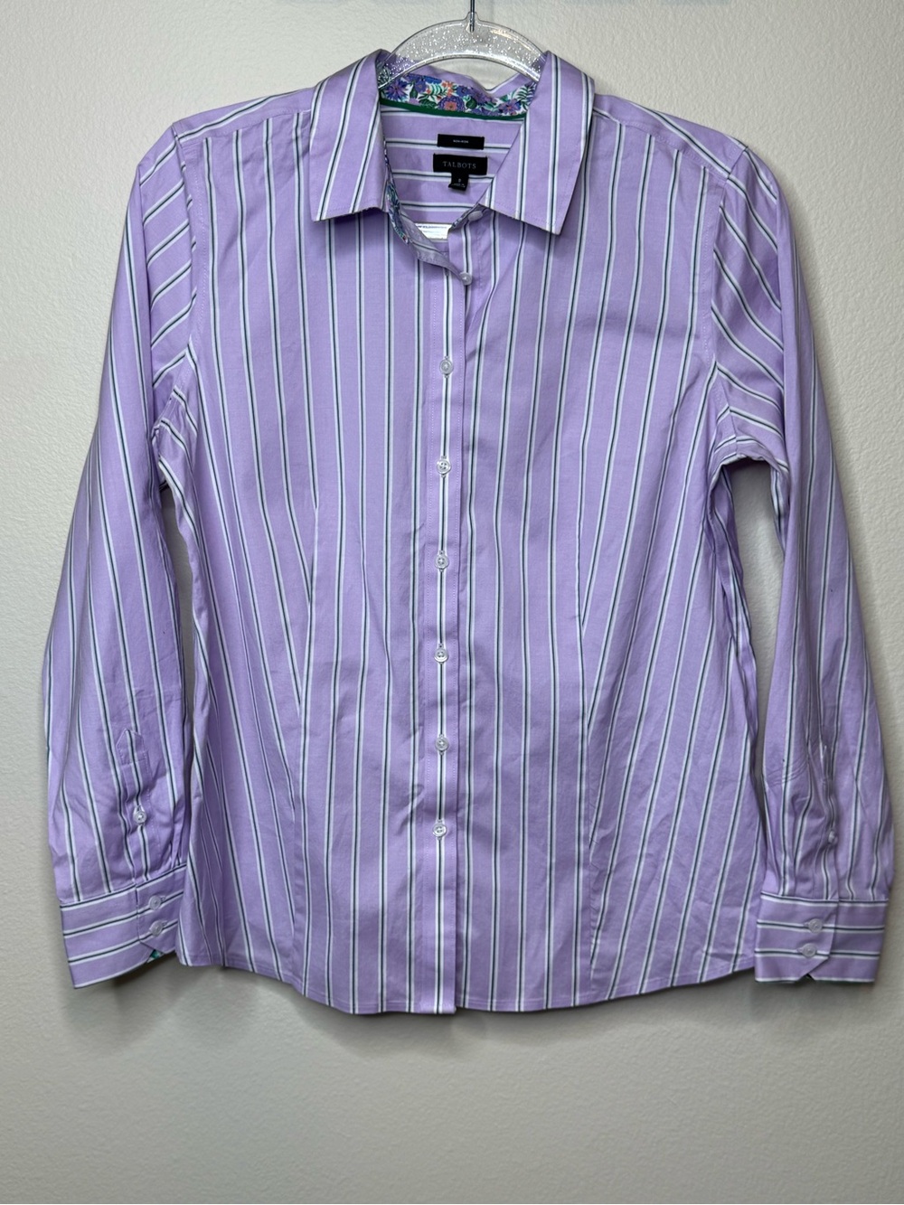 Talbots No Iron Lavender and White Striped Button-Down Shirt size 8